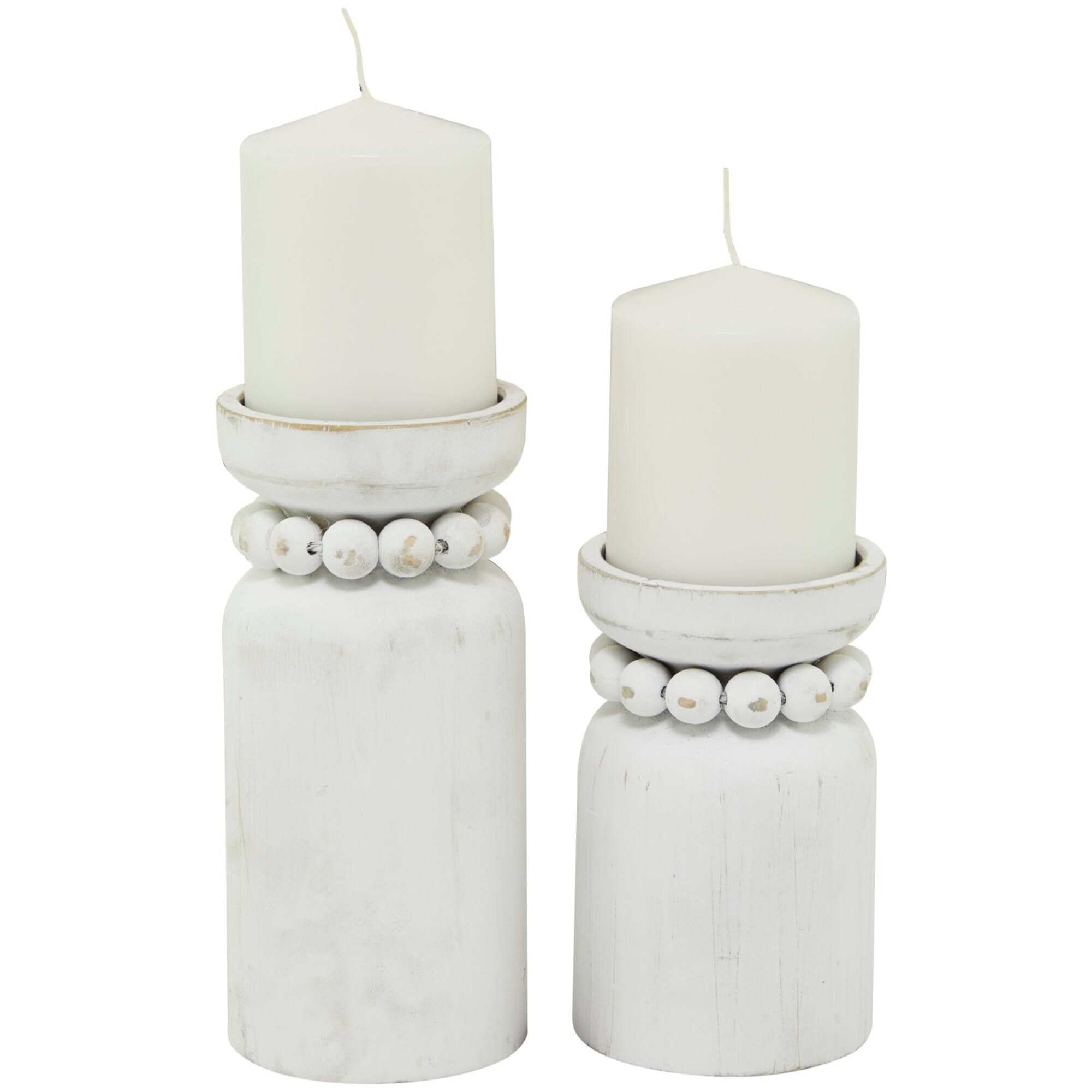 White Wood Beaded Pillar Candle Holder Set